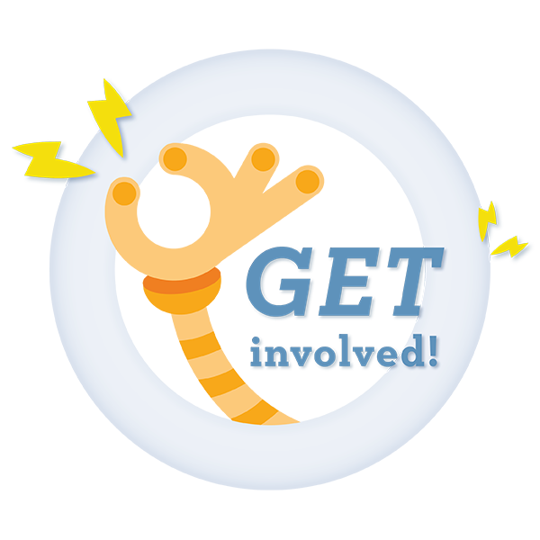 A circular badge with the text 'Get involved!'