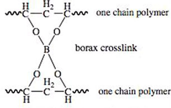 Drawing shows two polymer chains connected by a borax cross-link. Drawing shows two polymer chains connected by a borax cross-link.
