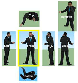 An image of a standing man talking on a phone shown from seven different views (left, front, right, back, top, bottom, isometric). An image of a standing man talking on a phone shown from seven different views (left, front, right, back, top, bottom, isometric).
