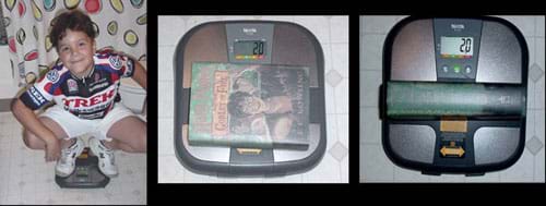 Three photographs. A boy steps on a scale. A book on a scale, lying flat and on edge. Three photographs. A boy steps on a scale. A book on a scale, lying flat and on edge.