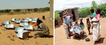 Two photographs: More than 10 solar cookers, each filled with water, in a dry dirt field. A family of three adults and four children around a solar oven near a hut. Two photographs: More than 10 solar cookers, each filled with water, in a dry dirt field. A family of three adults and four children around a solar oven near a hut.