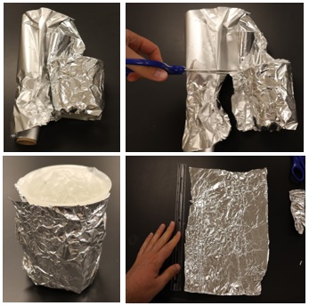 Four photos showing the steps of how to wrap your capacitor up (a) First wrap the object completely so you can see the outline. (b) Cut out the material so you only have enough to wrap around the cup. (c) Ensure that the whole cup is covered. (d) Unravel it to measure the length and width of the sheet.