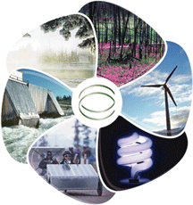 Six energy photos form the paddles of a pinwheel shape, including a wind turbine, dam, solar-powered car prototype and CFL light bulb.