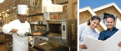 Two photos: (left) A food service worker in a white chef's uniform pulls a pizza out of an oven. (right) A young woman and a young man look at blueprints in front of an under-construction building.