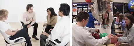 Two photos: (left) Four people sit in a circle talking and thinking together. (right) Three students around a table work with newspaper, string and balloons to create a parachute-type device.