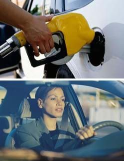 Two photos: (top) A hand holds a nozzle that pumps gasoline into a car's tank. (bottom) A person driving a car with their hands on the steering wheel.