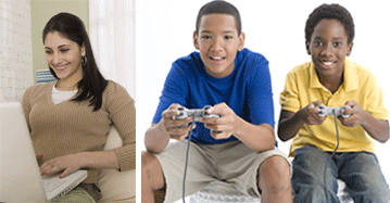 Two photos show a girl using a laptop computer on a sofa and two boys using hand-held controllers to play a game.