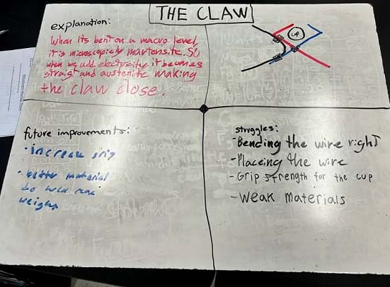 A photo showing a student whiteboard sitting on a lab table; diagrams and group explanations of nitinol behavior in their design are recorded on the whiteboard in red, blue, and black marker, and the title of the board says, “THE CLAW.”