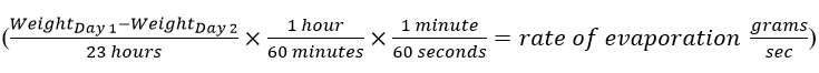 Equation showing the rate of evaporation in grams/sec.