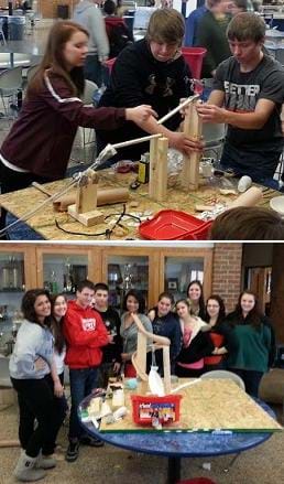Two photos: Four teens around a table holding and positioning a variety of connected columns and rails. Ten students gather around a completed table-top size Rube Goldberg machine design.