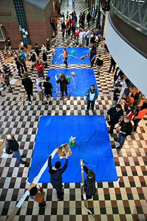 Overhead picture of prototype testing areas where students test their designs.