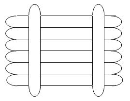 A line drawing shows six Popsicle sticks lined up next to each other and touching. Two cross sticks (going the other way) join the sticks together, making a raft structure.