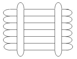 A line drawing shows six Popsicle sticks lined up next to each other and touching. Two cross sticks (going the other way) join the sticks together, making a raft structure.