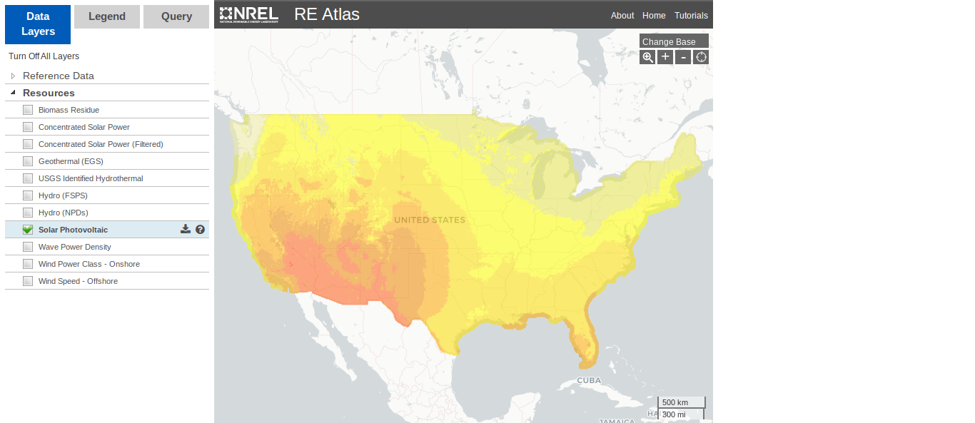 Screen capture shows a map of the continental U.S. in color gradations from light yellow in the NE to dark orange in the SW. From a list of eleven renewable energy sources on one side of the map only "Solar Photovoltaic" is checked.