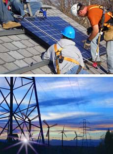 Two photos: Three men install solar panels on an angled rooftop. Landscape view of silhouetted wind turbines and electrical transmission towers.