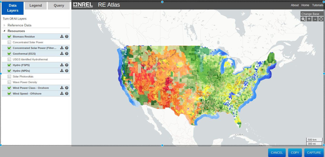 A map of the US showing biomass, geothermal, hydro, solar and wind energy. 