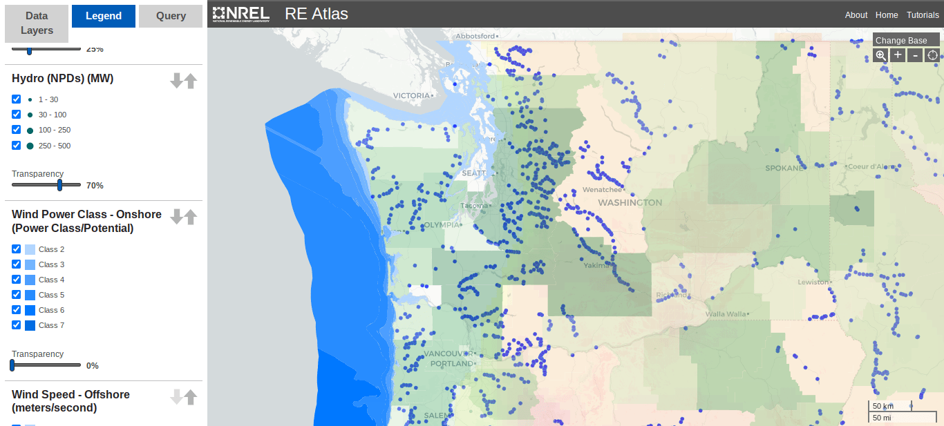 Screen capture image shows solar power and wind power map legend found by clicking on the Legend tab beside the Data Layers tab.