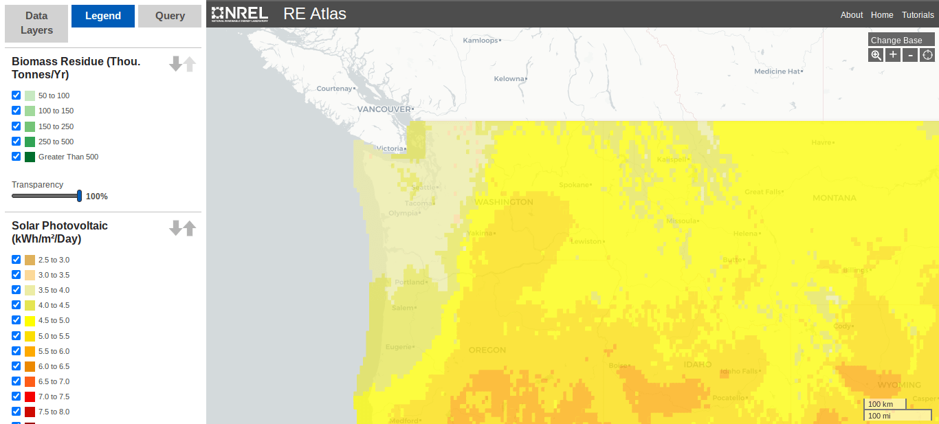 Screen capture shows a yellow-tone color scale legend for solar power map and links to further info.
