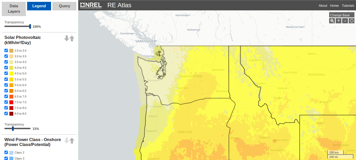 Screen capture shows a map with terrain and main highways graded in colors from brown to yellow. A legend output (red is the highest) indicates the level of kWh per square meter per day, ranging from > 8.5 to 2.5.