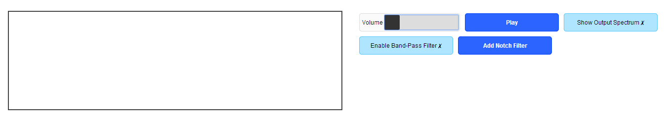 A screenshot of a computer demonstration with an outlined blank space where the waveform will be graphed. A nearby volume slider indicates that it is muted. Four other buttons are labeled Play, Show Output Spectrum x, Enable Band-Pass Filter x, and Add Notch Filter.