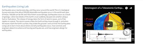 Screen capture image of a website page shows a paragraph of text, an embedded video and a hot link to "enter the Earthquakes Living Lab."