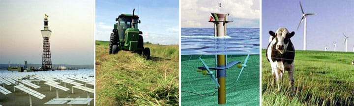 Four photos: A concentrating solar power plant (a tall tower surrounded by angled solar panels). A tractor in a field cuts down tall crops. An artist's drawing of a tidal turbine shows a pole-shaped partly above and partly above water, with two turbines spinning underwater. A cow in a green field containing three-bladed wind turbines.