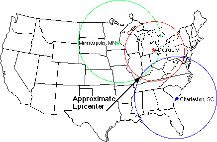 A black line map of the U.S. showing its state borders. Overlapping green, red and blue line circles are drawn around three seismograph locations at Minneapolis, MN, Detroit, MI, and Charleston, SC. The point where the three circles intersect (in southern IL) is identified as the approximate epicenter.