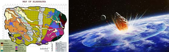 Two images: A map showing the cities, infrastructure, rock composition and geologic features of the state of Alabraska. An artists' rending shows an asteroid entering the Earth's atmosphere.