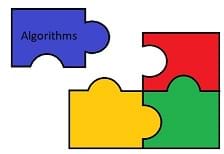 A four-piece puzzle, with blue, red, green and yellow pieces. The blue piece is detached and says “algorithms”.