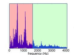 A graph of a frequency spectrum showing that the high frequencies are kept (green area of the graph) and the low frequencies are removed by a high-pass filter (pink area of the graph).