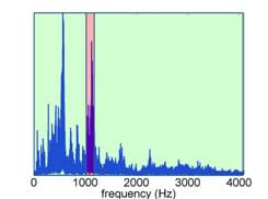 A graph of a frequency spectrum showing a narrow band of frequencies removed by a notch filter (pink slice of the graph) while the other frequencies are unaffected (green areas of the graph).