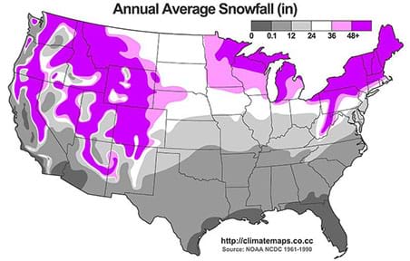 A color-coded diagram on a line map of the U.S. shows the annual average snowfall across the country with amounts indicated by a color scale: black (least), gray, white, pink, purple (most). In white, pink and purple, the northern states and high-elevation locations receive heavy snowfall of 24 inches or more. Data from U.S. National Climatic Data Center, 1961-1990.