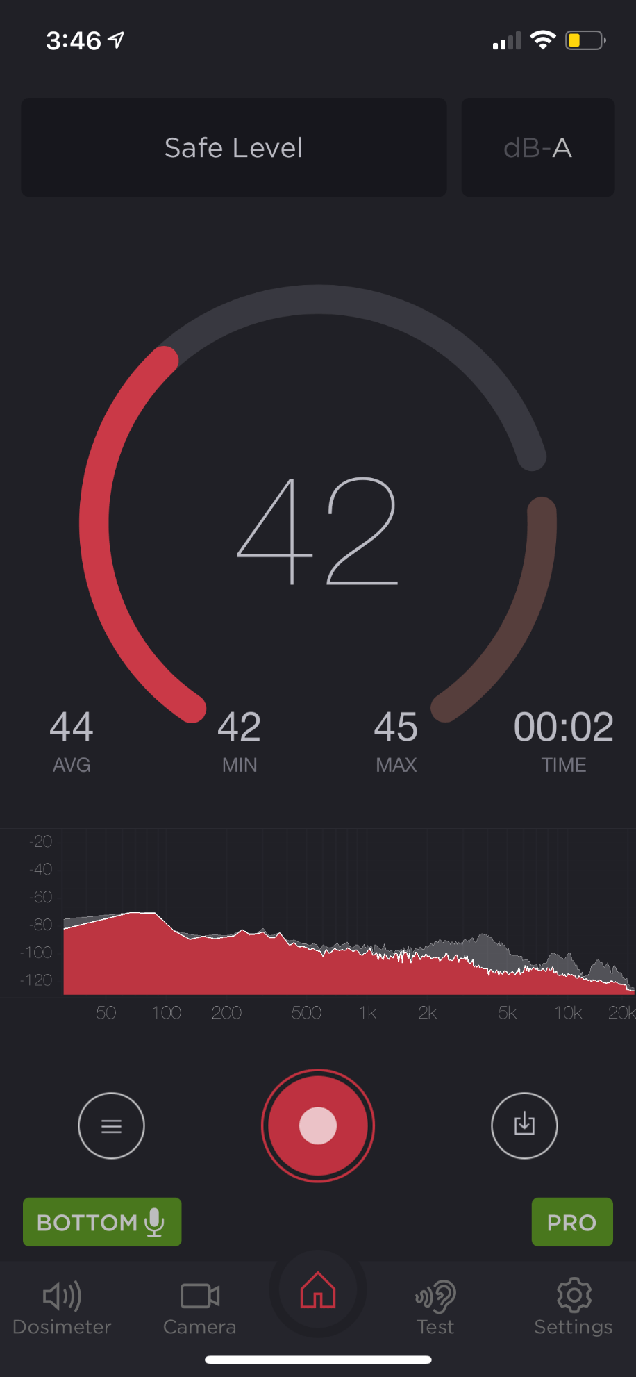 A screenshot of the Decibel: dB sound level meter app.