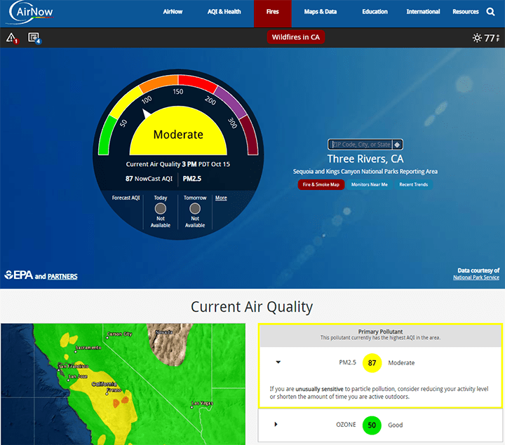 A screenshot of the AirNow.gov dashboard.