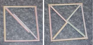 Two photographs. Left: A square shape made with drinking straws is divided into two triangles with an inner diagonal. Right: A square shape made with straws is divided into four triangles with an inner X shape.