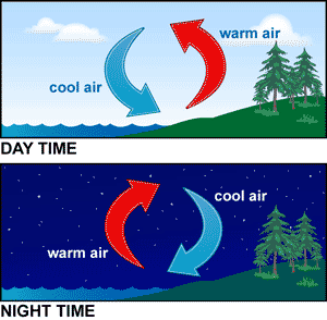 Two graphics depicting air convection currents during the day time (warm air rises, cool air sinks) and night time.