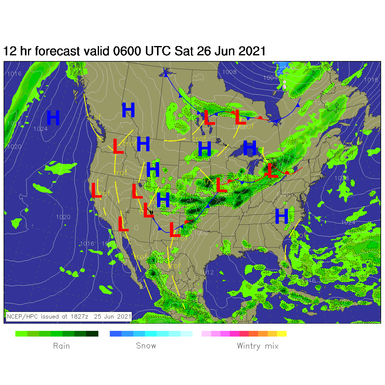 A colorful weather map of North America with lines showing highs, lows and weather fronts, and colors indicting rain, snow and wintry mix.