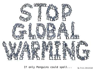 A "Stop Global Warming" sign spelled out by small penguins. 