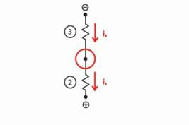 This diagram shows resistors 2 and 3 connected in series. The node between the two resistors is circled, and arrows indicate current flowing in and out of the node.