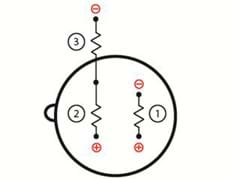 Circuit drawing of a VOC sensor. Resistor number 1 is connected to a positive and negative terminal. Resistors 2 and 3 are connected to each other, and other ends are connected to the positive terminal (resistor 2) and negative terminal (resistor 3).