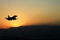 An F-16J Fighting Falcon aircraft takes off at Bagram Air Field.