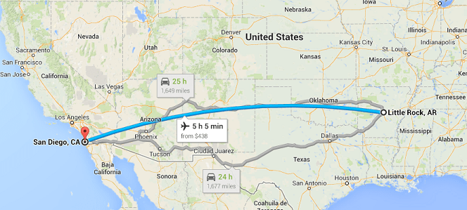 A map shows a the lower half of the U.S. with truck (gray line on roads) and airplane (blue line arc) routes marked between Little Rock, Arkansas, and San Diego, California.