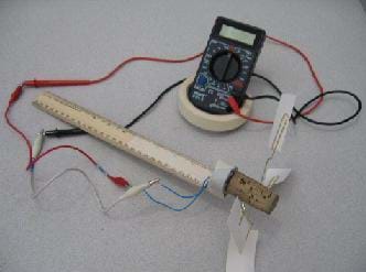A photo shows an experimental setup that includes a voltmeter, wires, ruler, motor, rubber band, cork, paperclips and cardboard pieces.