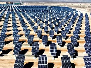 The Nellis Solar Power Plant containing about 70,000 solar panels generating 14 megawatts of solar power located within Nellis Air Force Base, northeast of Las Vegas, Nevada, United States.