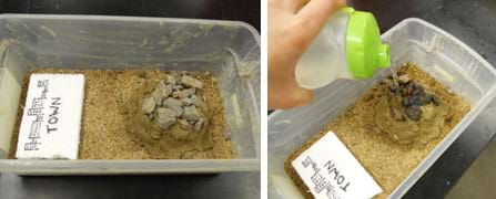 Two photos show (left) gravel covering the top of the clay "nest" described in Figure 2, and (right) a hand pours water from a water bottle onto the area of the clay and gravel in the same tub.