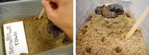 Two photos show (left) a hand poking a Popsicle stick into sand outside the clay "nest" in the tub described in Figure 3, and (right) the same tub with multiple test borings in the sandy area.