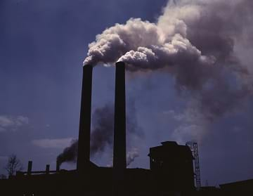 Smokestacks from a wartime production plant during World War II.