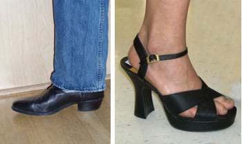 Two photos: A black cowboy boot with pointed toe and low heel. A woman's black strappy dress shoe with a three-inch square heel.