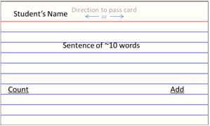 A lined card with Student's Name, direction to pass card (left or right), sentence of ~ 10 words, and the words "Count" and "Add" in the lower left and lower right card corners.