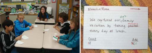 Two photos: Five youngsters around a table writing on index cards. An index card with the handwritten information on it: Evan La Rosa, arrow to the right, We captured our (added: dog's) family vacation by taking (photos crossed out and replaced with showers) every day at lunch, count = 4 tally marks, add = 6 tally marks.